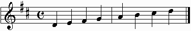 D major scale on the staff with D major key signature.  One octave ascending.