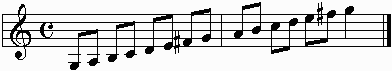 G major scale on the staff. 2 octaves.