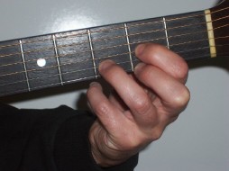 Picture of hand holding open D chord on guitar