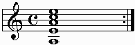 A minor on the staff showing notes for open Am chord on guitar