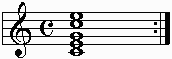 C chord on the staff showing notes for an open C chord on the guitar.