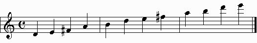 D major pentatonic scale 2 octaves on the staff