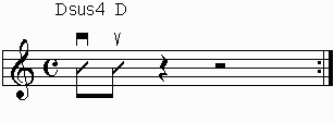 Free Falling measure 2, beat 1 on staff with rhythm slashes